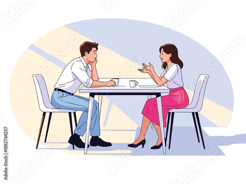 Couple sitting at a table in a restaurant or cafe setting with a colorful background