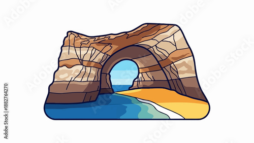 Colorful pixel art of a natural rock archway framing a tranquil beach and ocean view