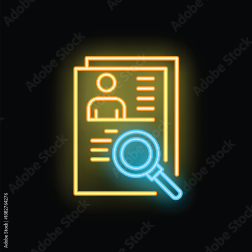 Neon icon of a magnifying glass hovering over resumes is searching for the best candidate