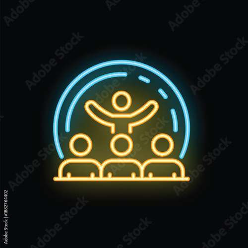 Neon icon of a leader raising their arms in front of a group of people, symbolizing leadership and inspiration