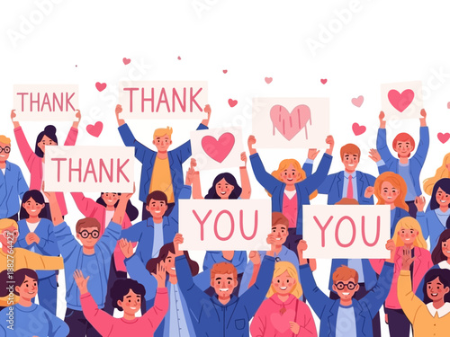 Diverse crowd of people holding thank you signs with hearts