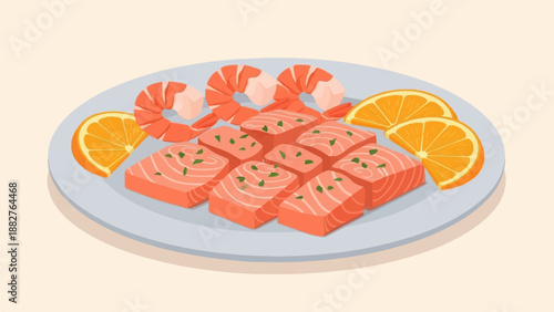 Colorful platter of fresh salmon cubes, shrimp, and orange slices