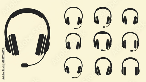 Collection of black silhouette headphones against a light background