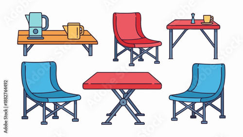 Collection of cartoon-style camping furniture with colorful chairs and tables