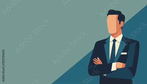 Minimal vector illustration of confident faceless businessman in formal suit with crossed arms, modern flat design style, leadership, corporate success concept with copy space area.
