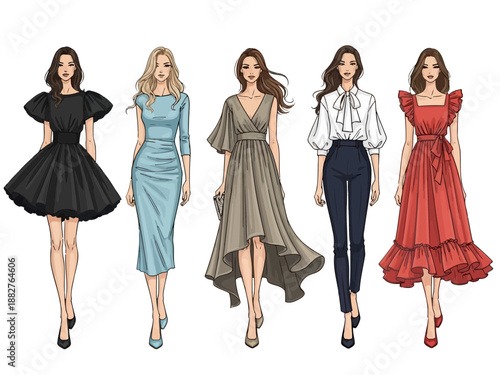 Fashion illustration of women in different stylish outfits and high heels
