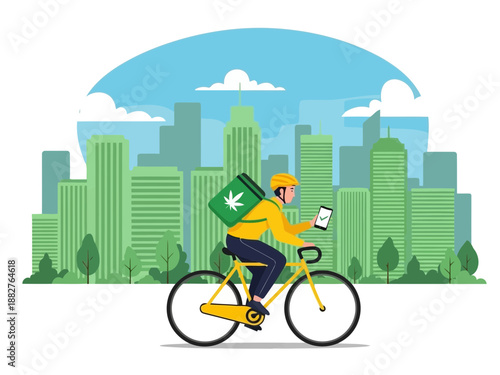 A person riding a bicycle with a delivery bag on their back in a city