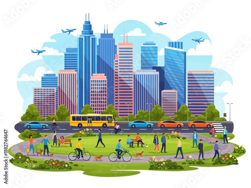 A city park with people walking and playing with their dogs and a bus