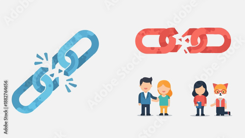 Broken chain links and diverse characters interacting