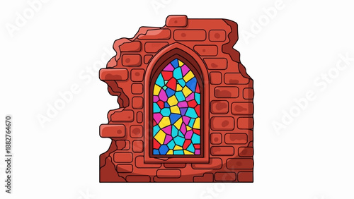 Broken brick wall with a colorful stained glass arched window