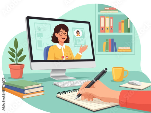 Online education and learning concept with a person taking notes and watching a video