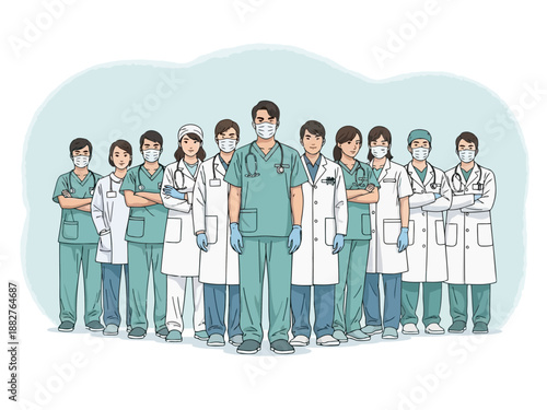 Medical professionals standing together in a line wearing scrubs and lab coats