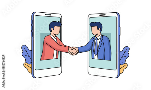 Flat vector illustration of two businessmen shaking hands while appearing from separate smartphone screens, representing virtual partnership, online agreement, remote negotiation.