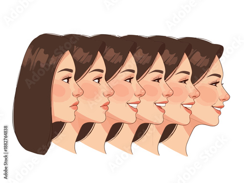 Five different cartoon woman faces with various expressions