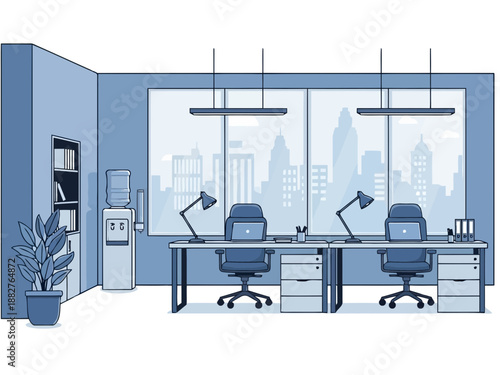 Modern office interior with two desks and city view
