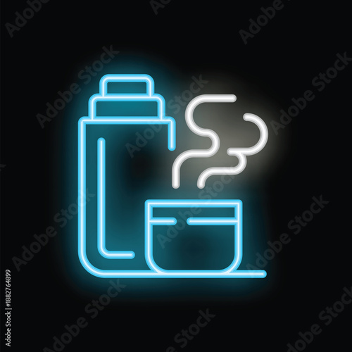 Neon sign of a blue thermos pouring a hot drink into a cup, isolated over black background