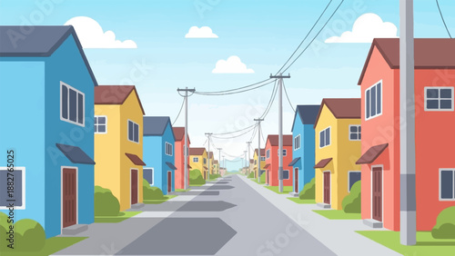 Colorful suburban street with identical houses and utility poles