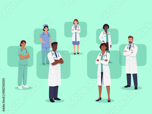 Diverse group of medical professionals standing together in lab coats