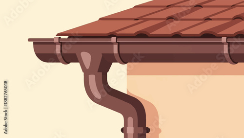 Brown tiled roof and gutter system against a pale wall