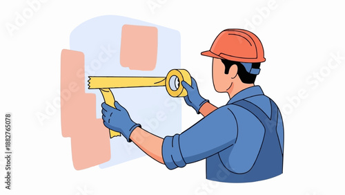 Builder in hard hat applying tape to a wall with paint patches