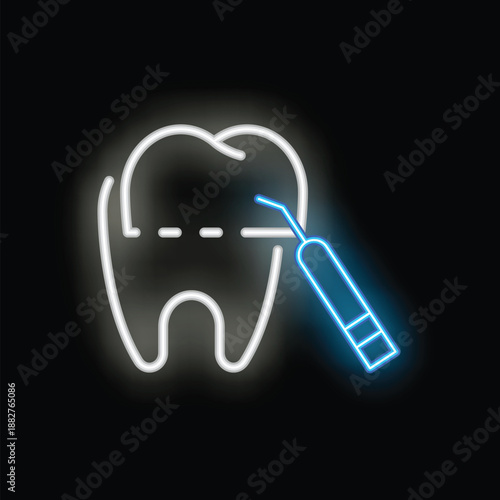 Neon icon of a dental probe examining a tooth, representing concepts like dental care, hygiene, and cosmetic dentistry