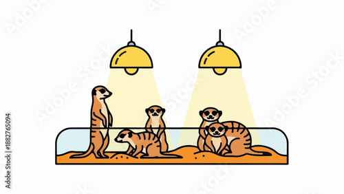 Cartoon meerkats in a sandy enclosure under warm lights