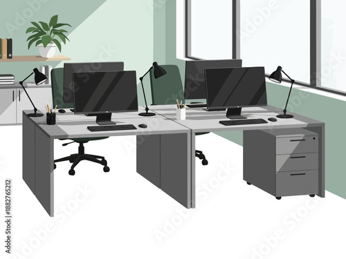 Modern office workspace with two desks and computers