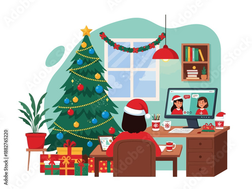 Person working from home on a computer with a christmas tree in the room