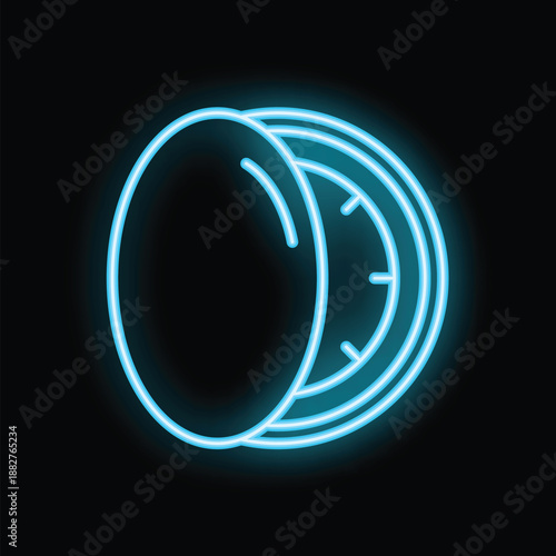 Glowing neon illustration of an open pocket watch emphasizing the concept of time