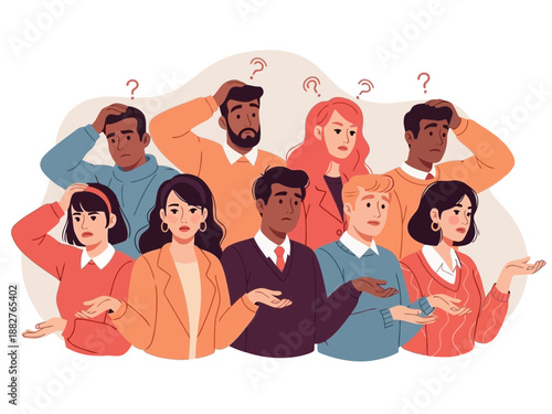 A group of confused people with question marks above their heads looking puzzled and unsure