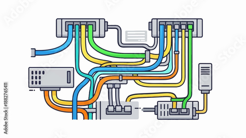Complex network of colorful wires connecting various electronic devices