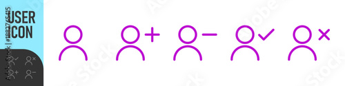 user icon set. Minimal user action icons showing add, remove, approve, and delete states - user profile icons for account management, UI, and system design