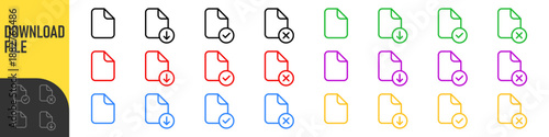 File document outline icons set: download file, import document, approved and rejected file symbols. Minimal line style UI UX icons for web, app and software interfaces