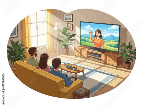 Family watching television together in a cozy living room with plants