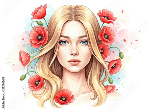 Woman with long blonde hair and red poppies around her head