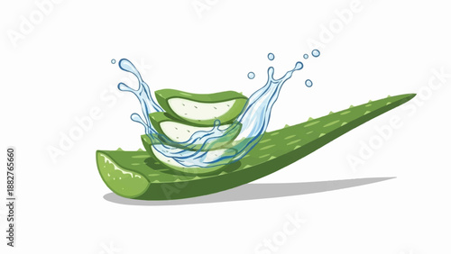 Aloe vera slices with splashing water on a green leaf