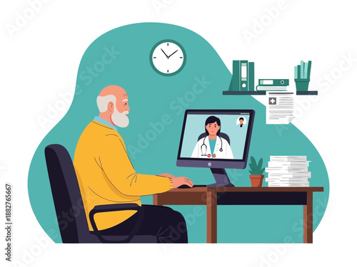 Older man sitting at a desk with a computer and a doctor on the screen