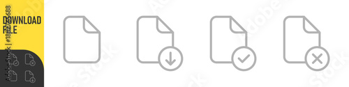 File document outline icons set: download file, import document, approved and rejected file symbols. Minimal line style UI UX icons for web, app and software interfaces