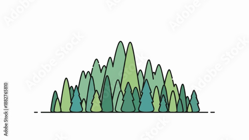 Abstract illustration of a dense forest of evergreen trees in varying shades of green