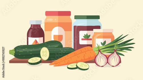 Assortment of fresh vegetables and preserved goods in jars on a light backdrop