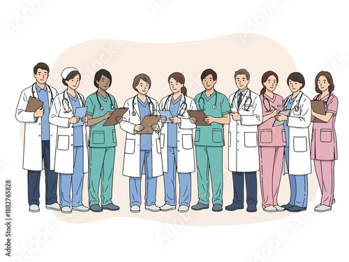 Group of diverse medical professionals in scrubs standing together in a row