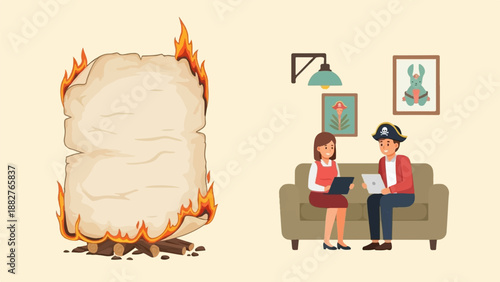 Burning paper document next to people in a room