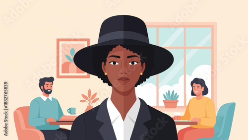 Confident woman in hat and suit faces forward; couple seated at tables