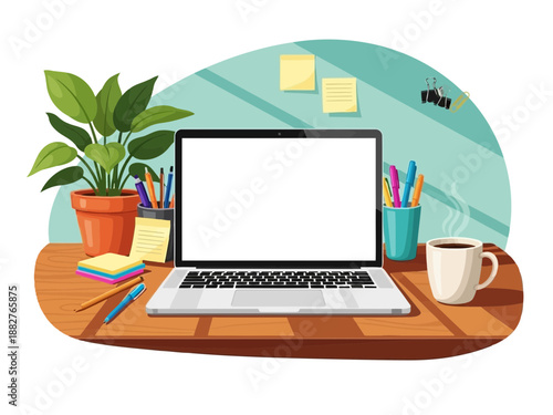 A laptop computer on a wooden desk with office supplies and a plant nearby in a home or office setting with a green wall