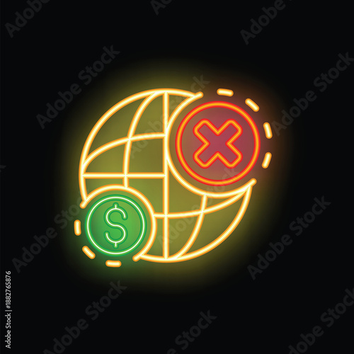 Neon sign representing the concept of global financial crisis, featuring a green dollar symbol and a red cancel sign positioned over a stylized earth globe
