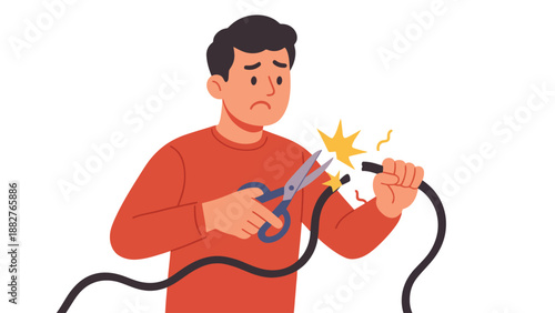 A man is shocked while trying to cut an electrical cord with scissors.