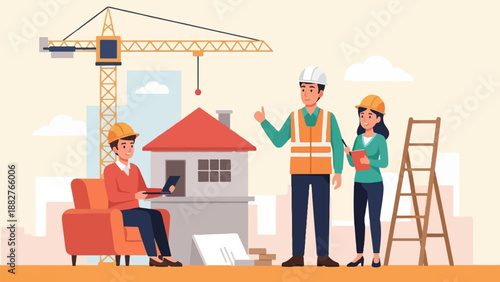 Construction crew collaborating on a project with a crane and building