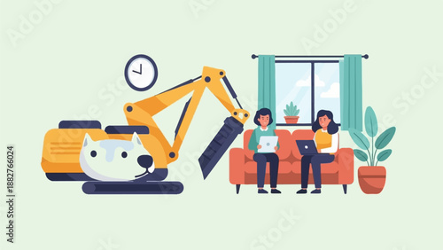 Construction equipment and women using laptops on a couch