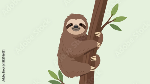 Cartoon sloth hanging on a tree branch with leaves