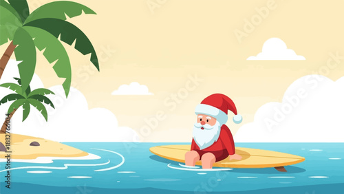 Cartoon Santa Claus on a surfboard in the ocean, palm trees on a distant island